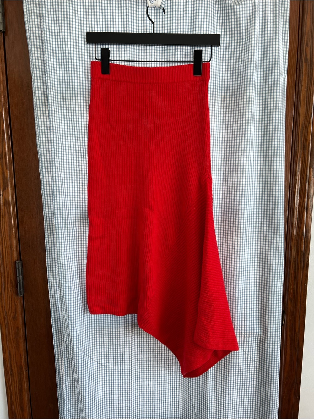 Scoop Red Asymmetric Knit Midi Skirt